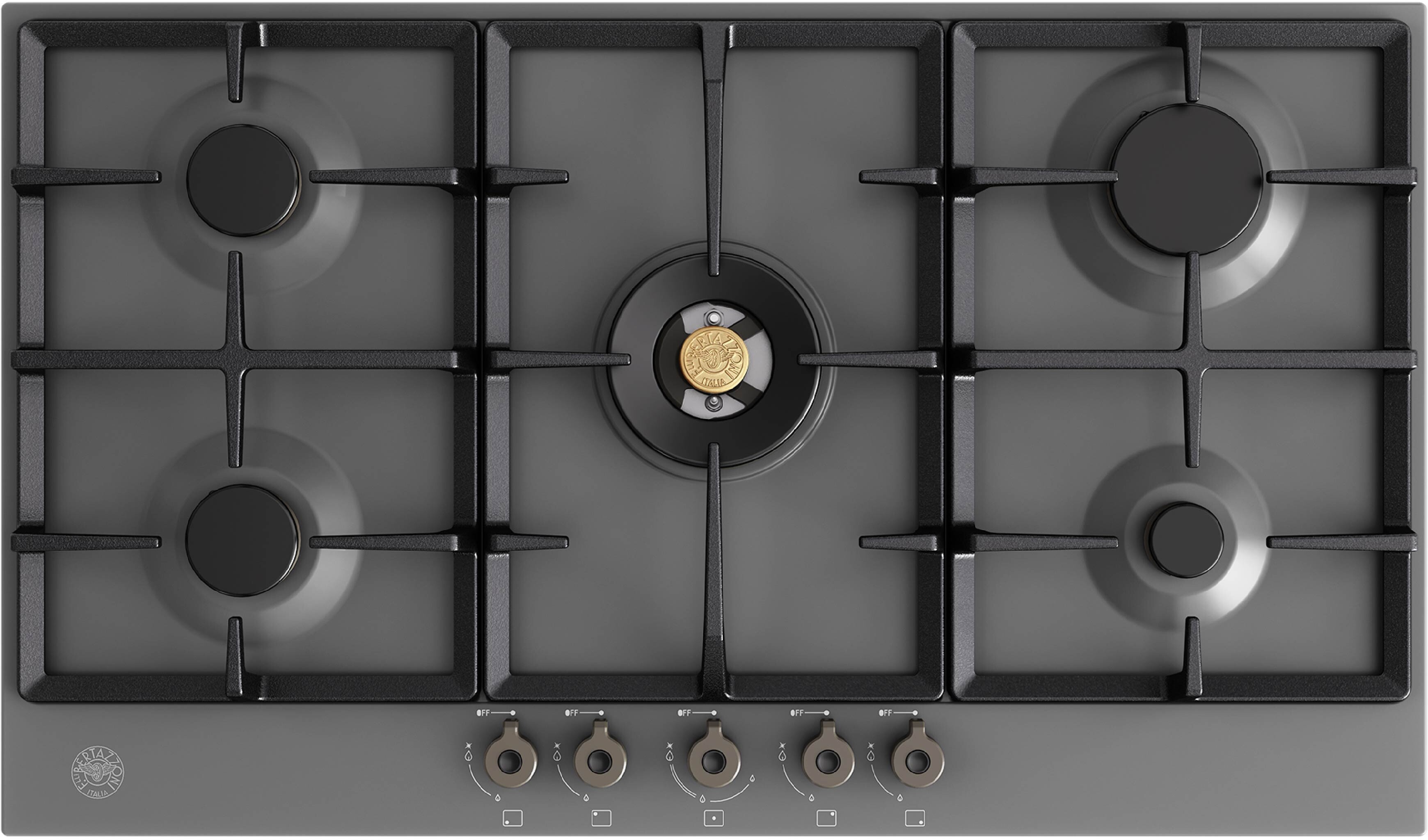 Bertazzoni PRO36CT5ACV Professional Series 36 inch Gas Cooktop with 5 Burners, Dual Ring Flame Burner, Cast Iron Contour Grates and ADA Compliant in Carbonio
