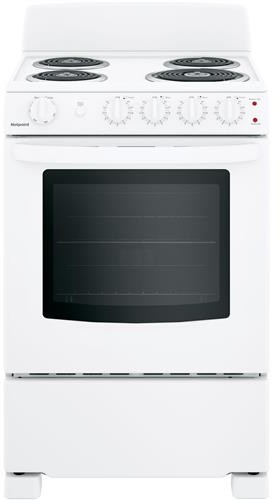 Hotpoint RAS240DMWW 24 Inch Electric Range with 4 Coil Elements, 2.9 cu. ft. Oven Capacity, Sensi-Temp Technology, Oven Racks, Chrome Drop Bowl in White