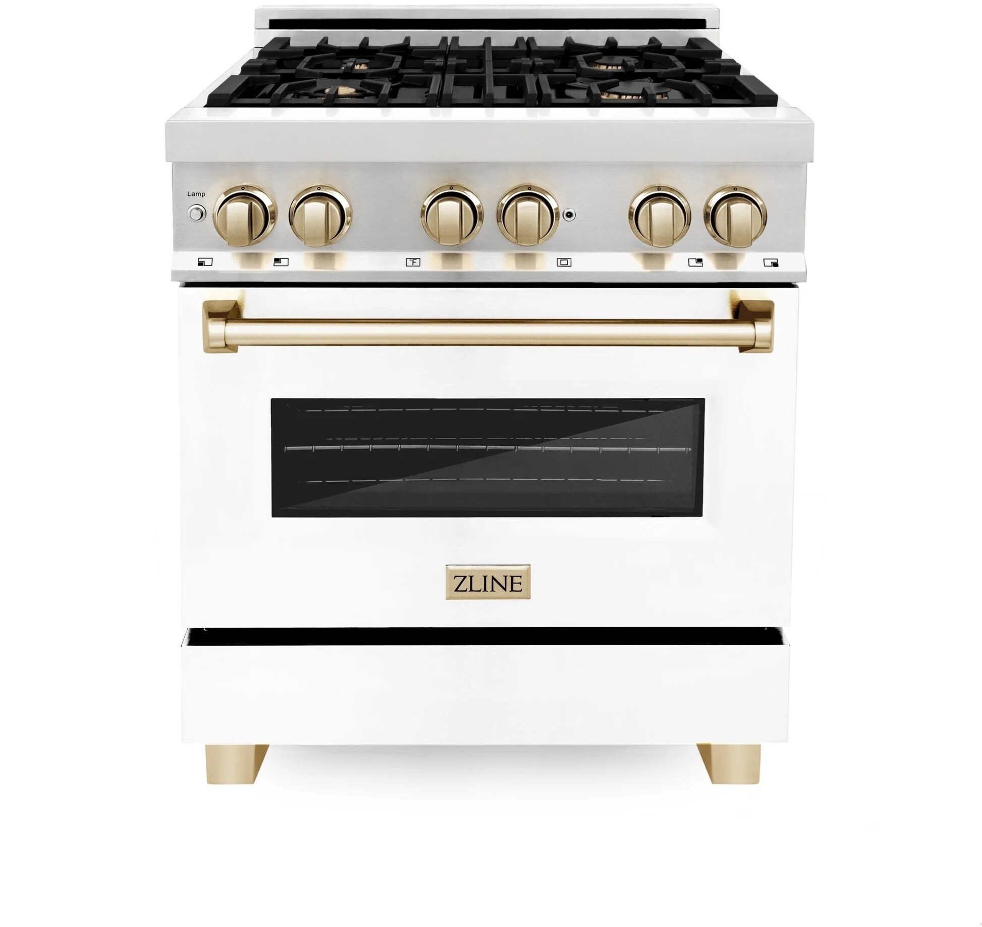 ZLINE RAZWM30G 30 inch Autograph Edition Legacy Series Dual Fuel Range with 4 Italian-Made Sealed Burners, 4 cu. ft. Oven Capacity, Convection Cooking and StayPut Oven Door Hinges  (White Matte, Polished Gold)