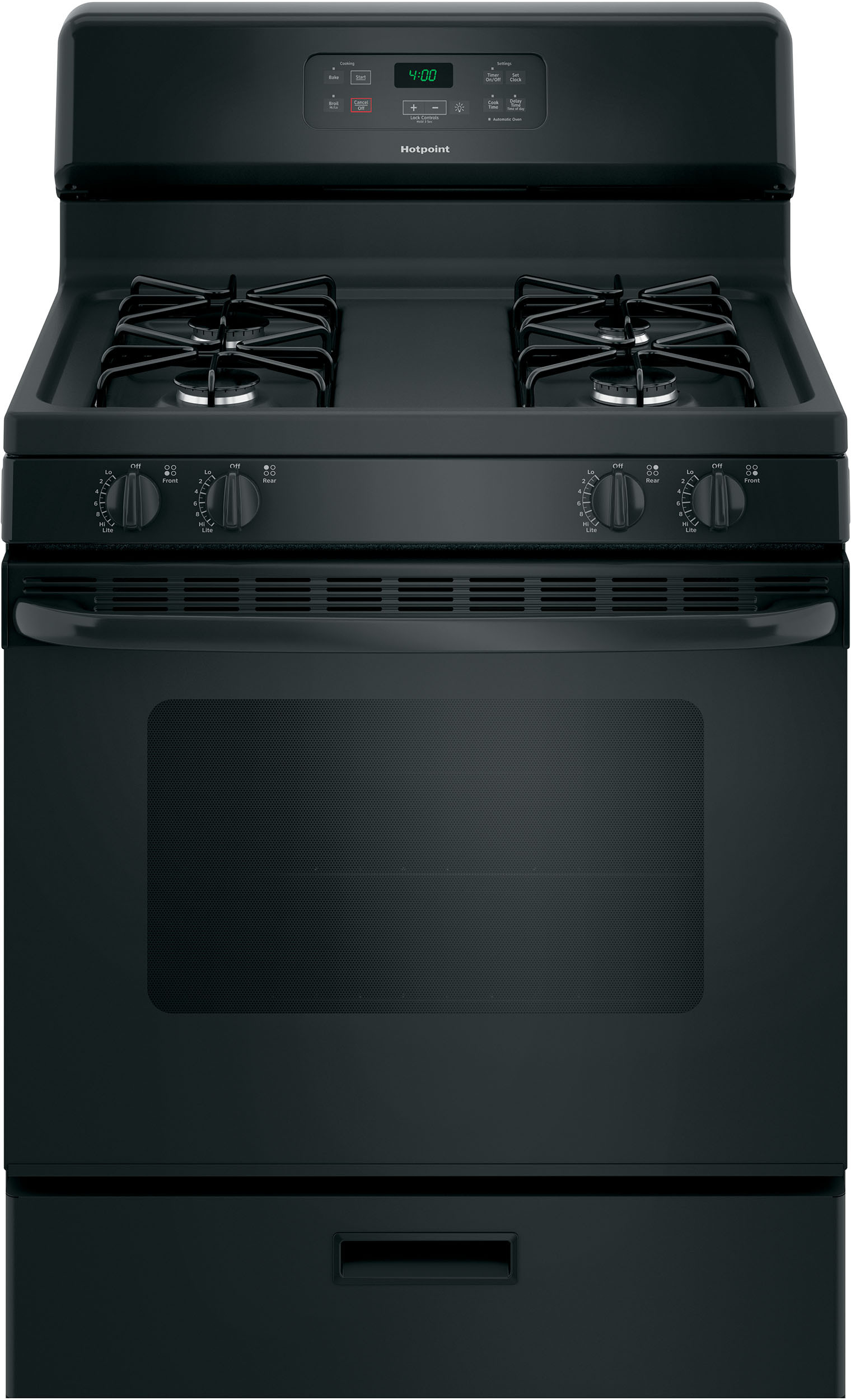 Hotpoint RGBS400DMBB 30 inch Freestanding Gas Range with 4 Sealed Burners, 4.8 cu. ft. Oven Capacity, Porcelain Upswept Cooktop, Broiler Drawer (Black)