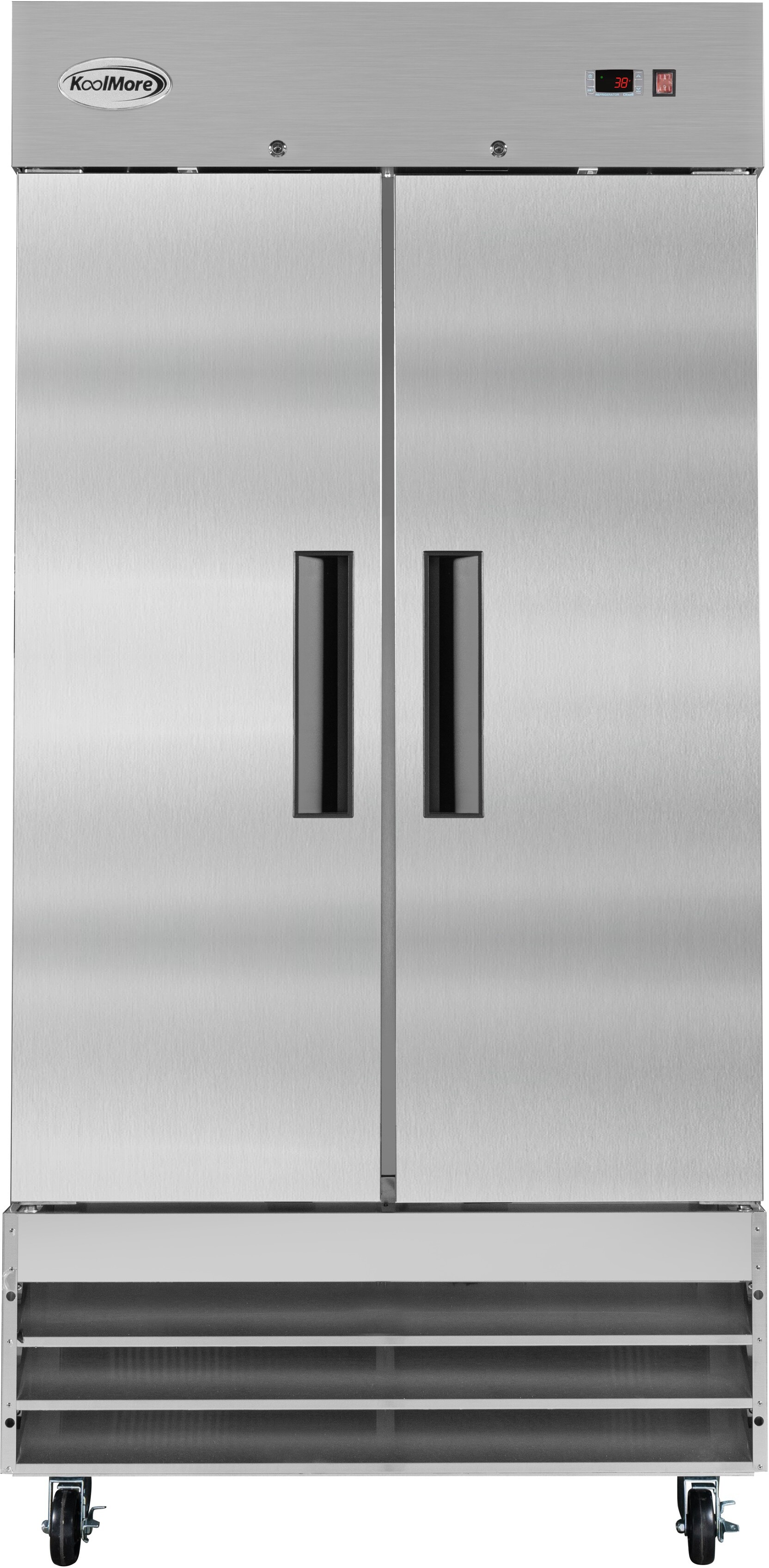 KoolMore RIR2DSS35C 39 inch Freestanding Commercial Two-Door Commercial Reach-In Refrigerator with 30 cu. ft. Capacity, Self-Closing Door, Adjustable Shelves, Digital Temperature Control and ETL Listed, in Stainless Steel