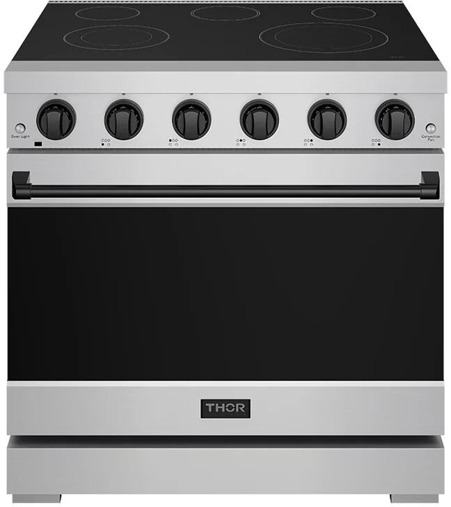 Thor Kitchen RSE36PBLK 36 Inch Professional Electric Range In Stainless Steel/Black Gordon Ramsay Series, 36 Inch, 5 Burners, Stainless Steel