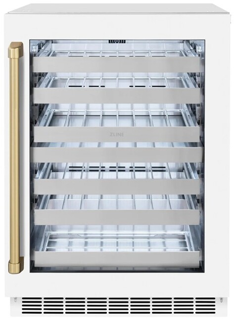 ZLINE RWDOZWM24CB 24 inch Autograph Edition Touchstone Series Built-In Outdoor Dual Zone Wine Cooler with 44 Bottle Capacity and LED Lighting in White Matte (Champagne Bronze)