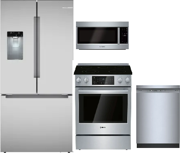 Bosch 4 Piece Kitchen Appliances Package with French Door Refrigerator, Electric Range, Dishwasher and Over the Range Microwave in Stainless Steel BOS