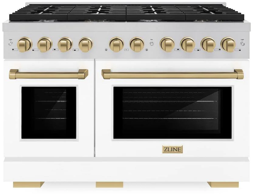 ZLINE SGRZWM48CB 48 inch Autograph Edition Paramount Series Gas Range with 8 Burners, 6.7 cu. ft. Capacity Oven, Convection Cooking, Reversible Cast-Iron Griddle and Italian-Made Auto-Reignition Burners (White Matte, Champagne Bronze)