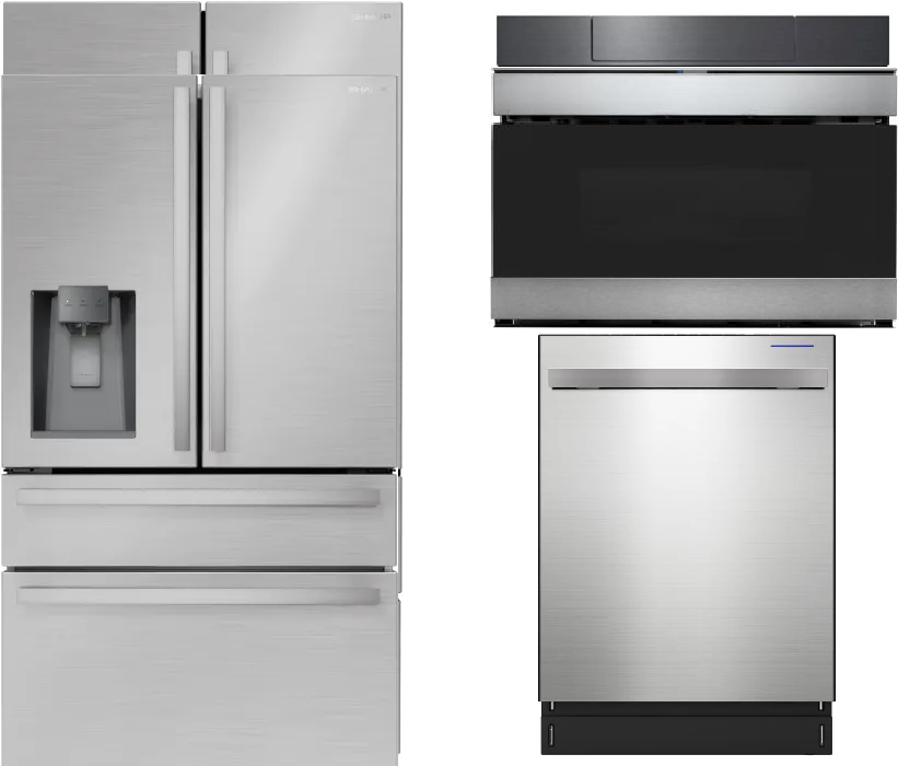 Sharp 3 Piece Kitchen Appliances Package with French Door Refrigerator, Drawer Microwave and Dishwasher in Stainless Steel SHARPREDWMD102