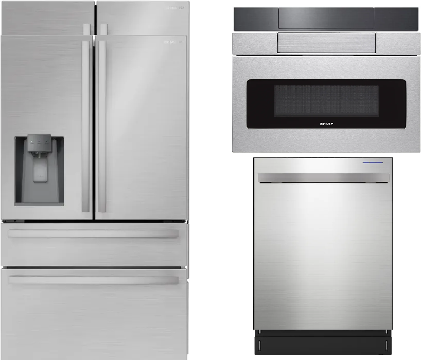 Sharp 3 Piece Kitchen Appliances Package with French Door Refrigerator, Drawer Microwave and Dishwasher in Stainless Steel SHARPREDWMD104