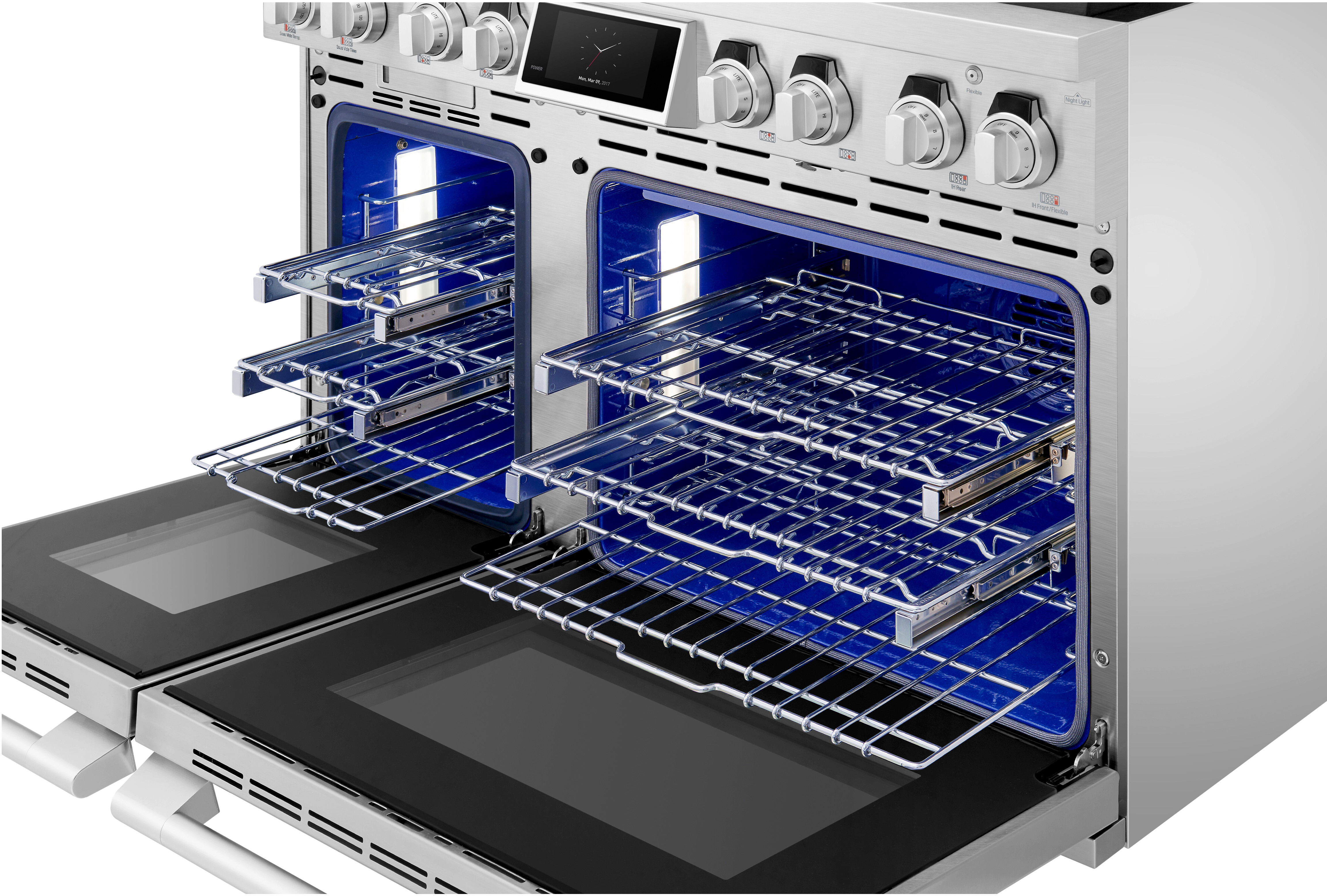 Open ovens showing multiple chrome racks, including racks pulled out for easier access