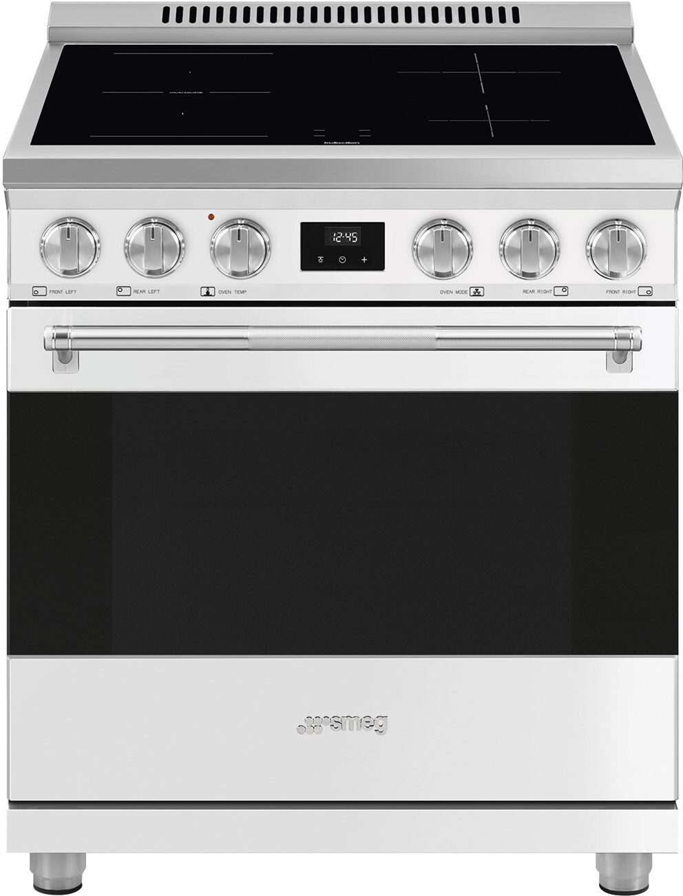 Smeg SPR30UIMMW 30 inch Professional Series Induction Range with 4 Elements, 4.56 cu. ft. Oven Capacity, DIGI Screen, True European Convection, Ever-Clean Enamel Oven Cavity, VaporClean (Matte White)