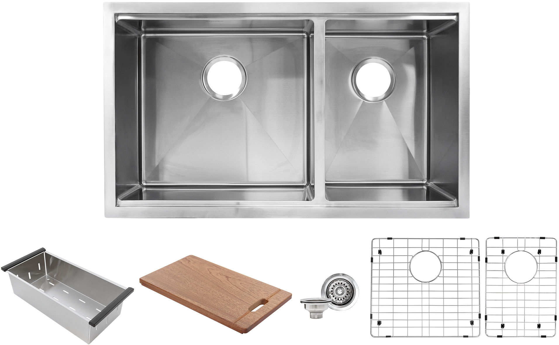 Offset Double Bowl Prep Station Small Radius Undermount Stainless Sink with Accessories