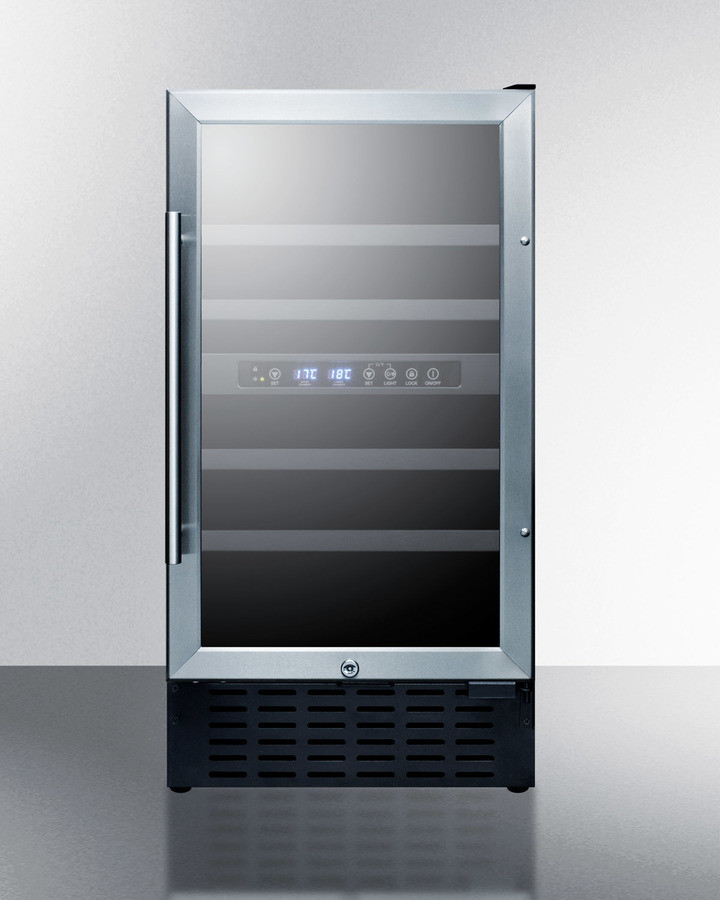Summit SWC182ZCSS 18 inch Dual Zone Built-In Wine Cellar with 28 Bottle Capacity, Factory Installed Lock, Digital Thermostat in Stainless Steel (Right Hinge)