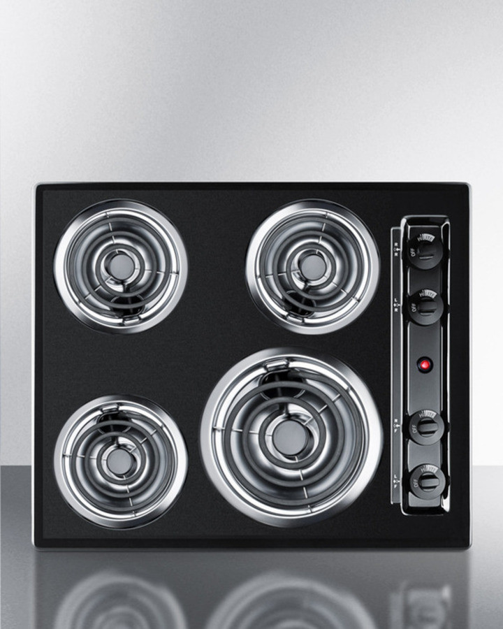 Summit TEL03 24 inch Coil Cooktop with 4 Elements, Recessed Top, Porcelain Cooking Surface, Chrome Drip Pans (Black)