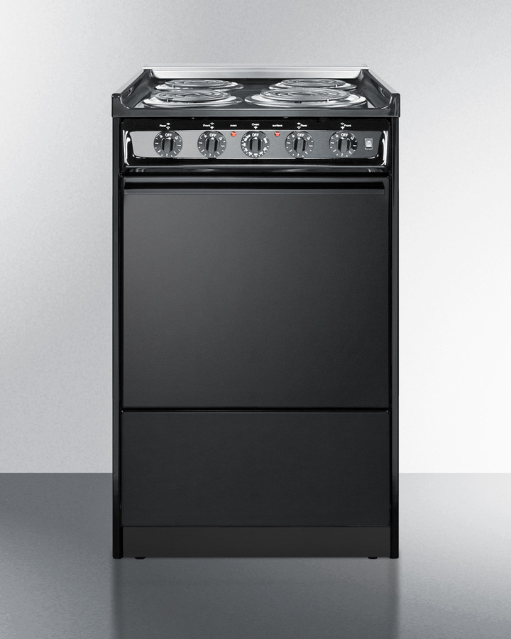 Summit TEM110CR 20 inch Freestanding Electric Range with 4 Coil Elements, 2.46 cu. ft. Oven Capacity, Storage Compartment and Push-to-Turn Burner Knobs in Black (Solid Door, No)
