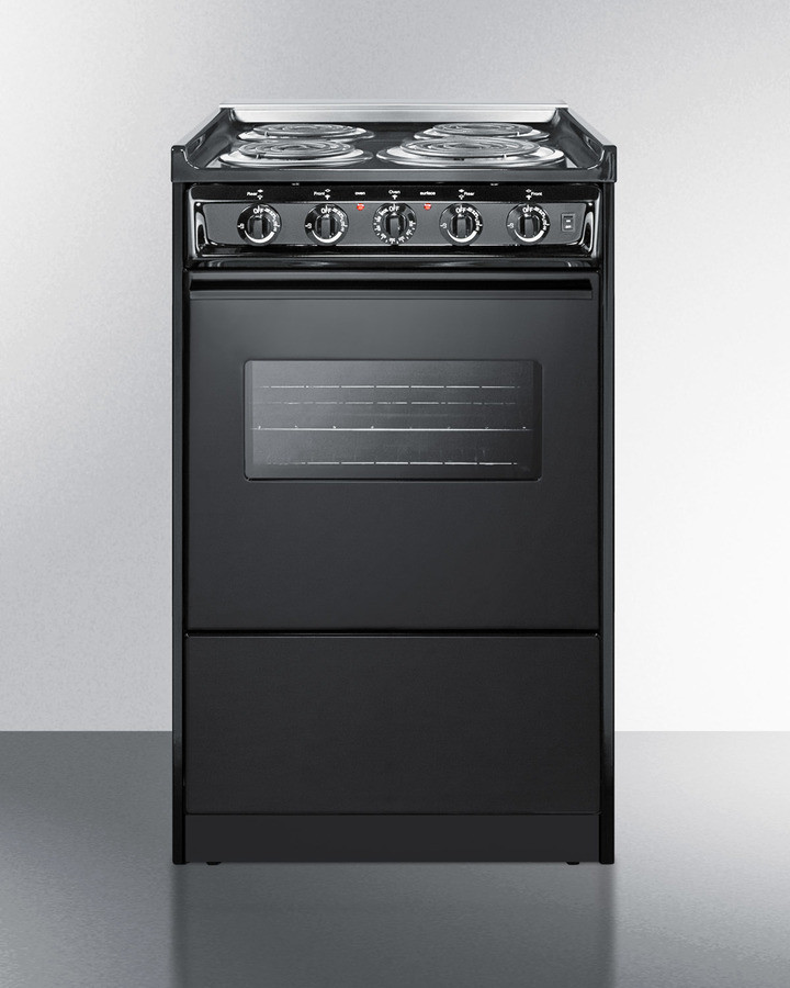 Summit TEM110CRW 20 inch Freestanding Electric Range with 4 Coil Elements, 2.46 cu. ft. Oven Capacity, Storage Compartment and Push-to-Turn Burner Knobs in Black (Glass Door, No)