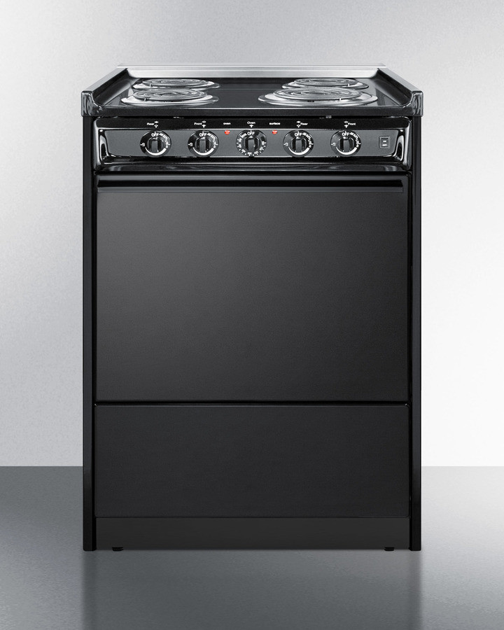 Summit TEM610CR 24 inch Freestanding Electric Range with 4 Coil Elements, 2.92 cu. ft. Oven Capacity, Storage Compartment and Push-to-Turn Burner Knobs in Black (Solid Door, No)