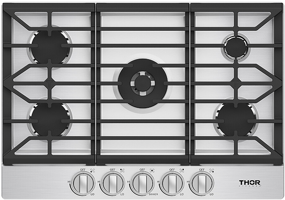 Thor Kitchen TGC30F 30 inch Professional Gas Cooktop with 5 Burners, Continuous Cast-Iron Grate, LED Backlit Heavy-Duty Knobs and Auto Ignition in