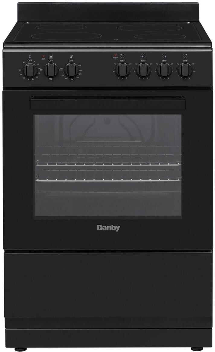 Danby DER24V1B 24 inch Freestanding Electric Range with 4 Radiant Elements, 2.68 cu. ft. Oven Capacity, Storage Drawer and Push and Turn Knobs (Black)