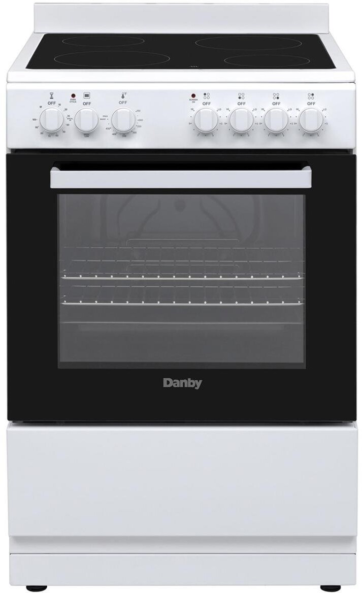 Danby DER24V1W 24 inch Freestanding Electric Range with 4 Radiant Elements, 2.68 cu. ft. Oven Capacity, Storage Drawer and Push and Turn Knobs (White)