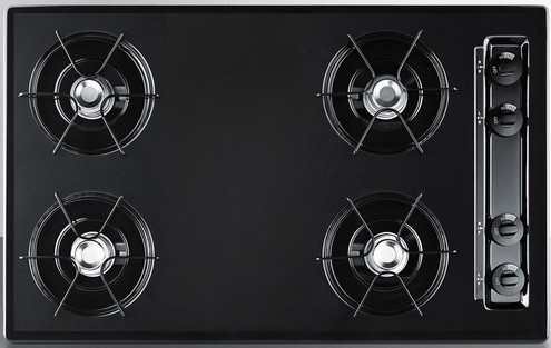 Summit TNL05P 30 inch Gas Cooktop with 4 Open Burners, Battery Start Ignition, Porcelain Enameled Steel Grates (Black)