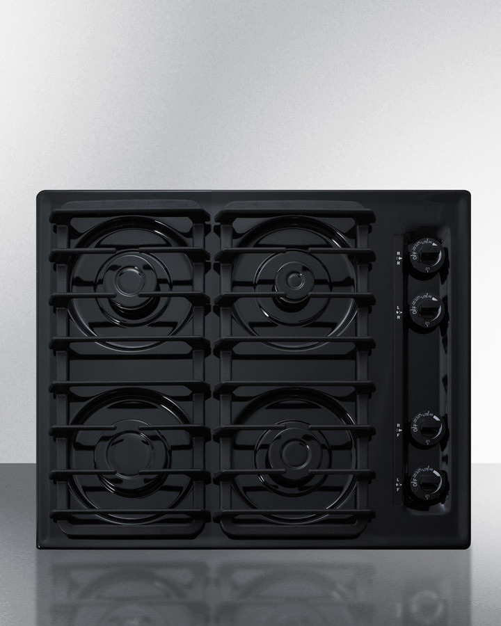 Summit TTL033S 24 inch Gas Cooktop with 4 Sealed Sabaf Burners, Cast Iron Grates and Push-to-Turn Knobs (Black)