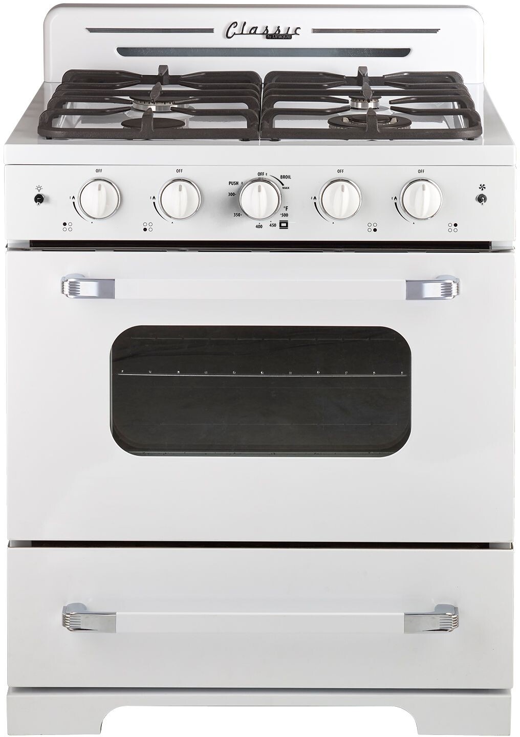 Unique Appliances UGP30CRW Classic Retro 30 inch Gas Range with 4 Burners, 3.9 cu. ft. Oven Capacity, Convection Cooking and Continuous Cast Iron Grate (Marshmallow White)