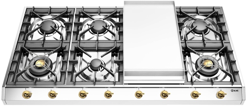 ILVE UHCP1265FNSSGLP Nostalgie II 48 inch Gas Cooktop with 8 Burners, Griddle, in Stainless Steel  (Liquid Propane, Brass)