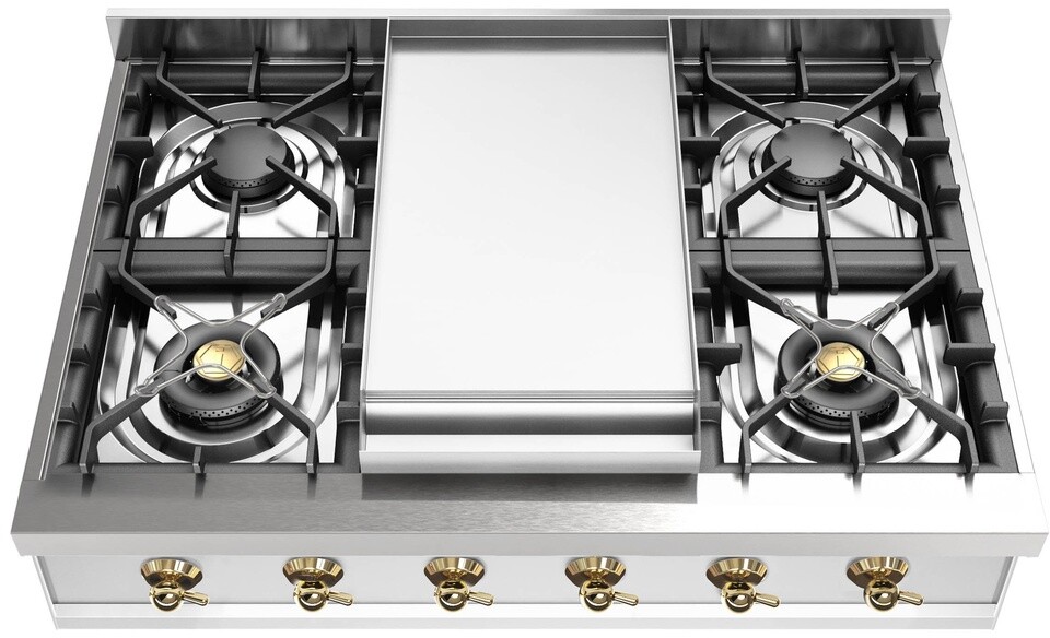 ILVE UHCP36FNSSGLP Nostalgie II 36 inch Built-In Gas Rangetop with 6 Burners and Griddle, in Stainless Steel  (Liquid Propane, Brass)
