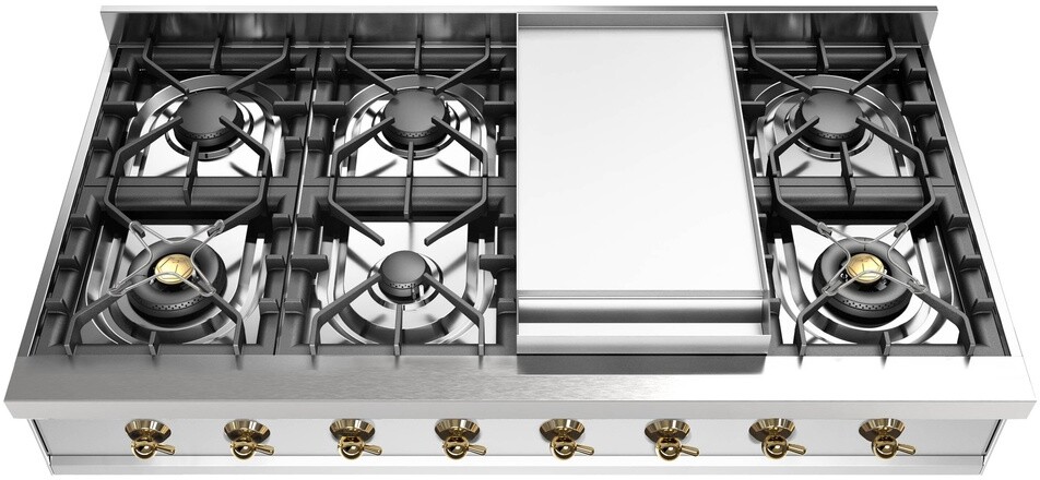 ILVE UHCP48FNSSGLP Nostalgie II 48 inch Built-In Gas Rangetop with Griddle, in Stainless Steel (Liquid Propane, Brass)