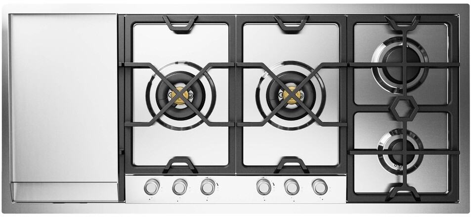 ILVE UHCPMT125FSSLP Panoramagic 48 inch Built-In Gas Cooktop with Total Black Brass Burners, in Stainless Steel  (6 Sealed Burners + Left Griddle, Liquid Propane)