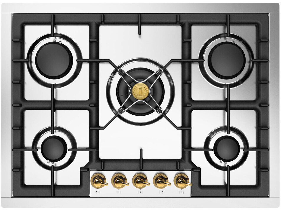 ILVE UHCPT75NSSG Nostalgie II 30 inch Built-In Gas Cooktop with 5 Burners, in Stainless Steel  (Natural Gas, Brass)