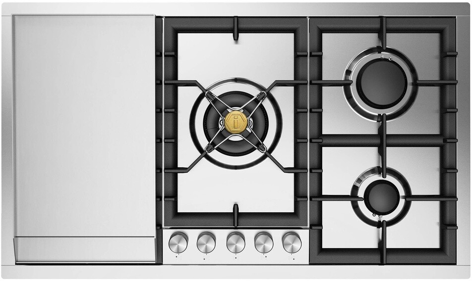 ILVE UHCPT95FSSLP Professional Plus II 36 inch Built-In Gas Cooktop with Total Black Brass Burners, in Stainless Steel  (5 Sealed Burners + Griddle, Liquid Propane)