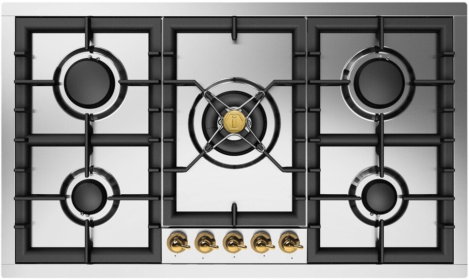 ILVE UHCPT95NSSGLP Nostalgie II 36 inch Built-In Gas Cooktop with Total Black Brass Burners, in Stainless Steel  (5 Sealed Burners, Liquid Propane, Brass)