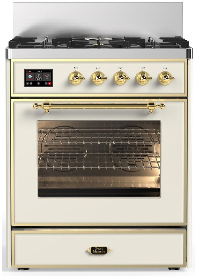 ILVE UM30NR3AWGLP Majestic III 30 inch Dual Fuel Range with 5 Black Brass Burners, Dual Function Burner up to 25,000 BTU (Liquid Propane, Triple Glass Door, Antique White, Brass)