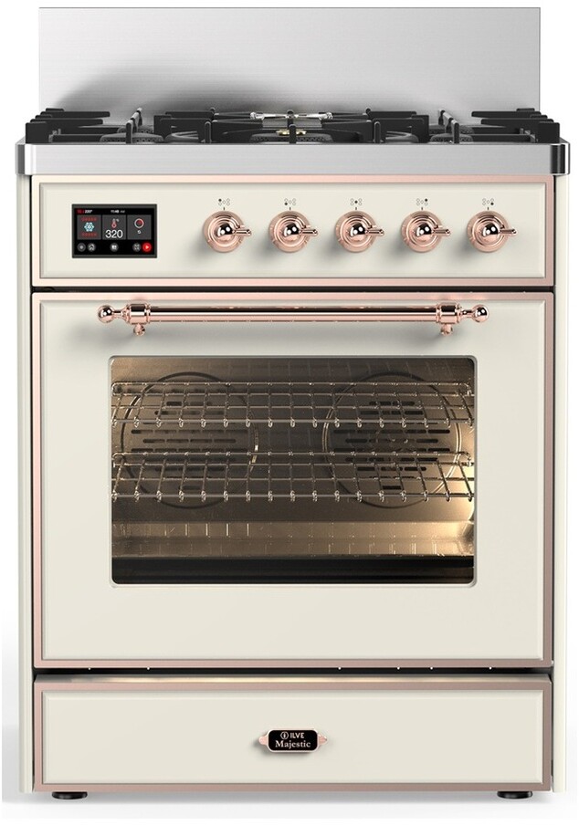 ILVE UM30NR3AWPLP Majestic III 30 inch Dual Fuel Range with 5 Black Brass Burners, Dual Function Burner up to 25,000 BTU (Liquid Propane, Triple Glass Door, Antique White, Copper)