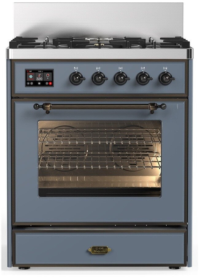 ILVE UM30NR3BGBLP Majestic III 30 inch Dual Fuel Range with 5 Black Brass Burners, Dual Function Burner up to 25,000 BTU (Liquid Propane, Triple Glass Door, Blue Grey, Burnished)