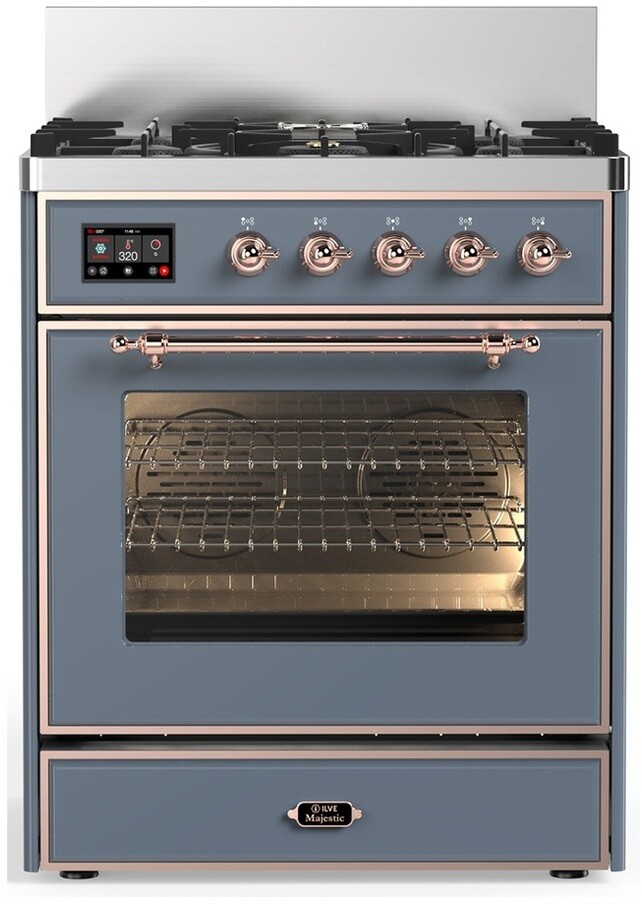 ILVE UM30NR3BGPLP Majestic III 30 inch Dual Fuel Range with 5 Black Brass Burners, Dual Function Burner up to 25,000 BTU (Liquid Propane, Triple Glass Door, Blue Grey, Copper)