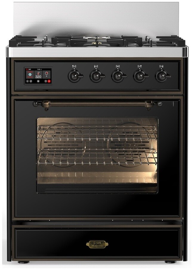 ILVE UM30NR3BKBLP Majestic III 30 inch Dual Fuel Range with 5 Black Brass Burners, Dual Function Burner up to 25,000 BTU (Liquid Propane, Triple Glass Door, Glossy Black, Burnished)
