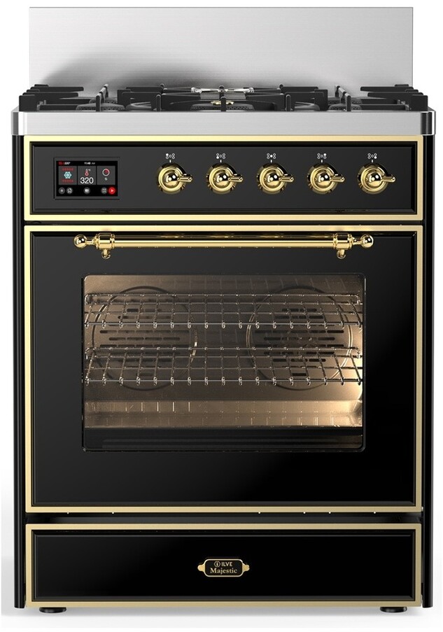 ILVE UM30NR3BKGLP Majestic III 30 inch Dual Fuel Range with 5 Black Brass Burners, Dual Function Burner up to 25,000 BTU (Liquid Propane, Triple Glass Door, Glossy Black, Brass)