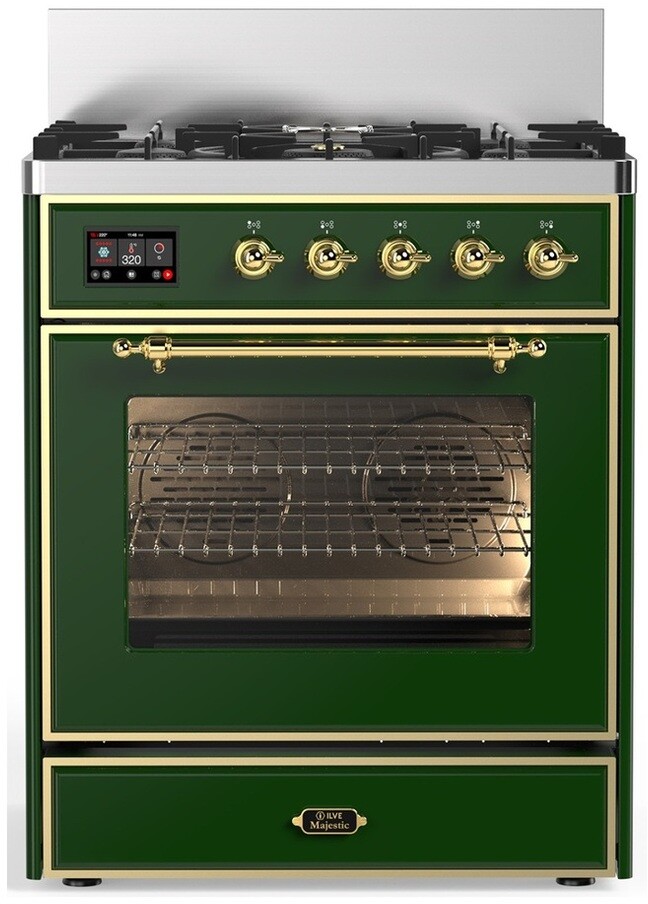ILVE UM30NR3EGGLP Majestic III 30 inch Dual Fuel Range with 5 Black Brass Burners, Dual Function Burner up to 25,000 BTU (Liquid Propane, Triple Glass Door, Emerald Green, Brass)