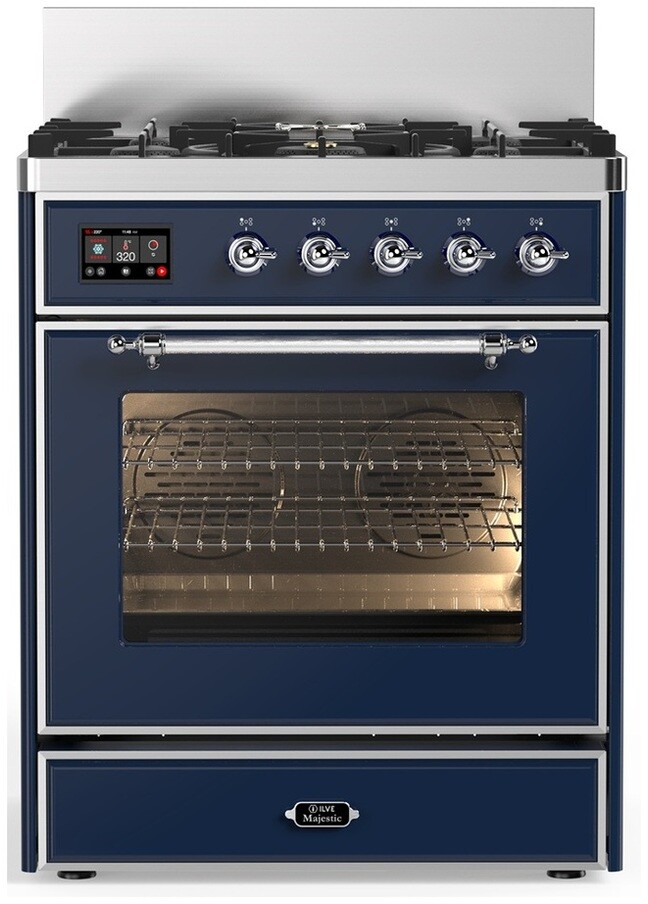 ILVE UM30NR3MBCLP Majestic III 30 inch Dual Fuel Range with 5 Black Brass Burners, Dual Function Burner up to 25,000 BTU (Liquid Propane, Triple Glass Door, Midnight Blue, Chrome)
