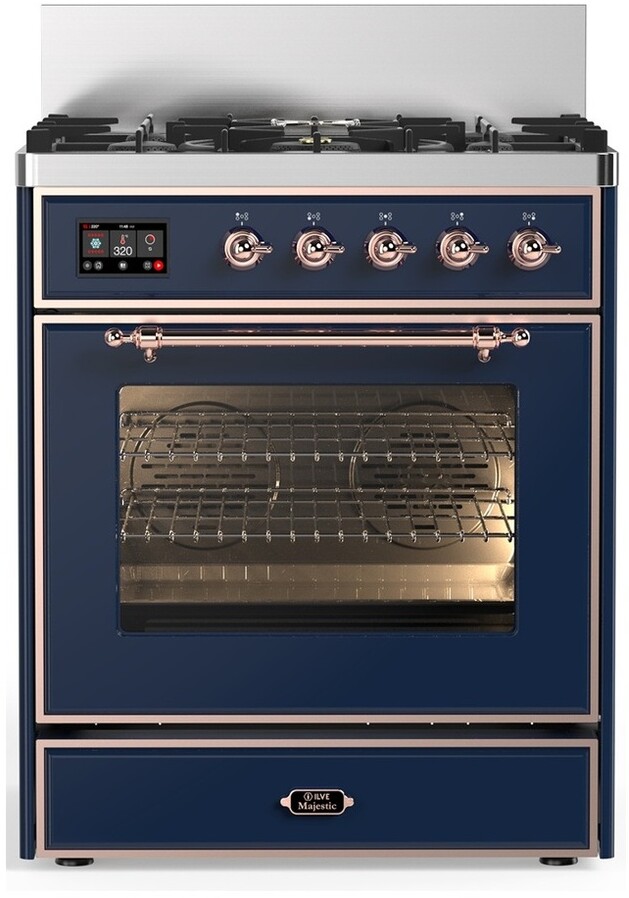 ILVE UM30NR3MBPLP Majestic III 30 inch Dual Fuel Range with 5 Black Brass Burners, Dual Function Burner up to 25,000 BTU (Liquid Propane, Triple Glass Door, Midnight Blue, Copper)