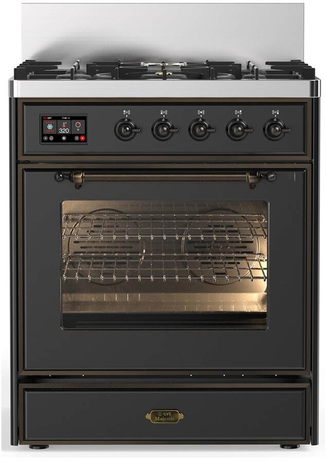 ILVE UM30NR3MGBLP Majestic III 30 inch Dual Fuel Range with 5 Black Brass Burners, Dual Function Burner up to 25,000 BTU (Liquid Propane, Triple Glass Door, Graphite Matte, Burnished)