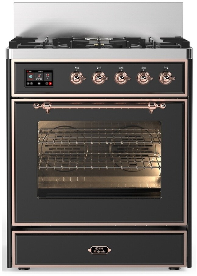 ILVE UM30NR3MGPLP Majestic III 30 inch Dual Fuel Range with 5 Black Brass Burners, Dual Function Burner up to 25,000 BTU (Liquid Propane, Triple Glass Door, Graphite Matte, Copper)