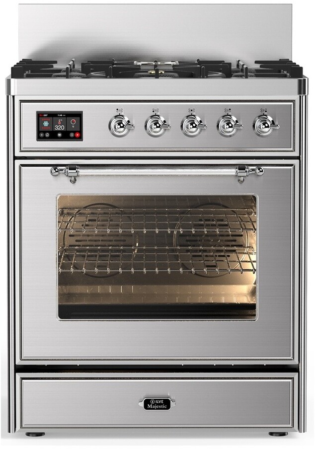 ILVE UM30NR3SSCLP Majestic III 30 inch Dual Fuel Range with 5 Black Brass Burners, Dual Function Burner up to 25,000 BTU (Liquid Propane, Triple Glass Door, Stainless Steel, Chrome)