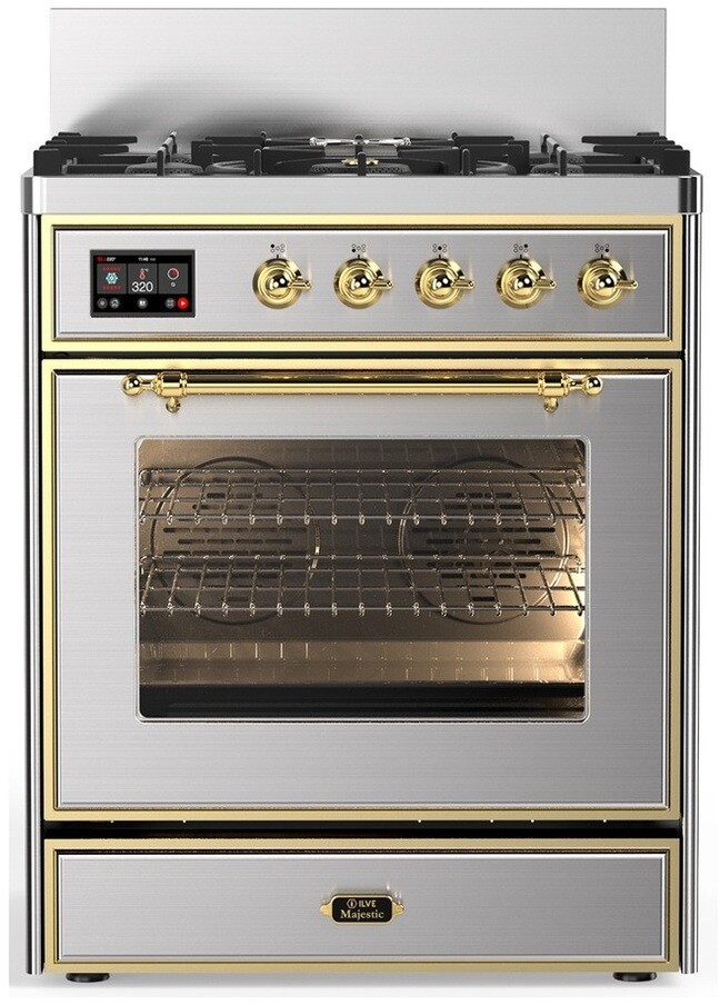 ILVE UM30NR3SSGLP Majestic III 30 inch Dual Fuel Range with 5 Black Brass Burners, Dual Function Burner up to 25,000 BTU (Liquid Propane, Triple Glass Door, Stainless Steel, Brass)