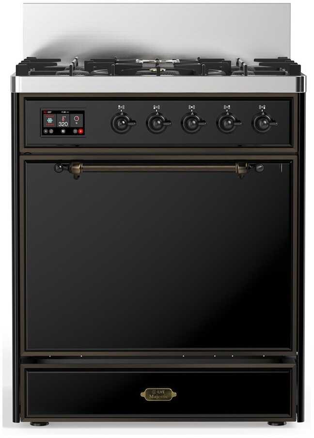 ILVE UM30QNR3BKBLP Majestic III 30 inch Dual Fuel Range with 5 Black Brass Burners, Dual Function Burner up to 25,000 BTU (Liquid Propane, Solid Door, Glossy Black, Burnished)