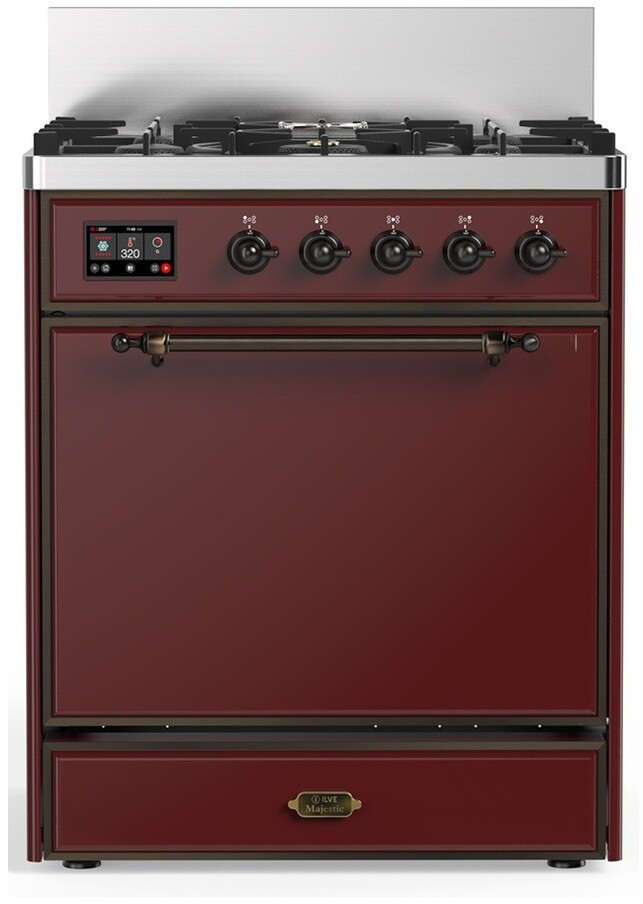 ILVE UM30QNR3BUBLP Majestic III 30 inch Dual Fuel Range with 5 Black Brass Burners, Dual Function Burner up to 25,000 BTU (Liquid Propane, Solid Door, Burgundy, Burnished)