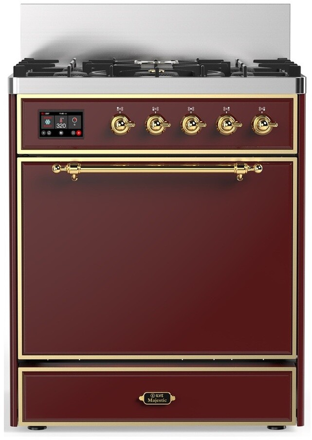 ILVE UM30QNR3BUGLP Majestic III 30 inch Dual Fuel Range with 5 Black Brass Burners, Dual Function Burner up to 25,000 BTU (Liquid Propane, Solid Door, Burgundy, Brass)