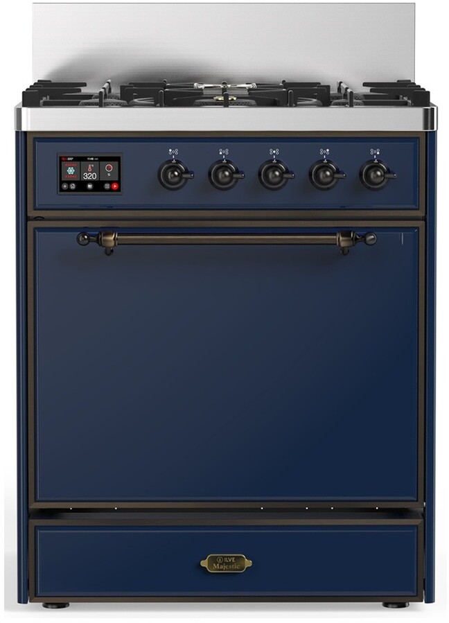 ILVE UM30QNR3MBBLP Majestic III 30 inch Dual Fuel Range with 5 Black Brass Burners, Dual Function Burner up to 25,000 BTU (Liquid Propane, Solid Door, Midnight Blue, Burnished)