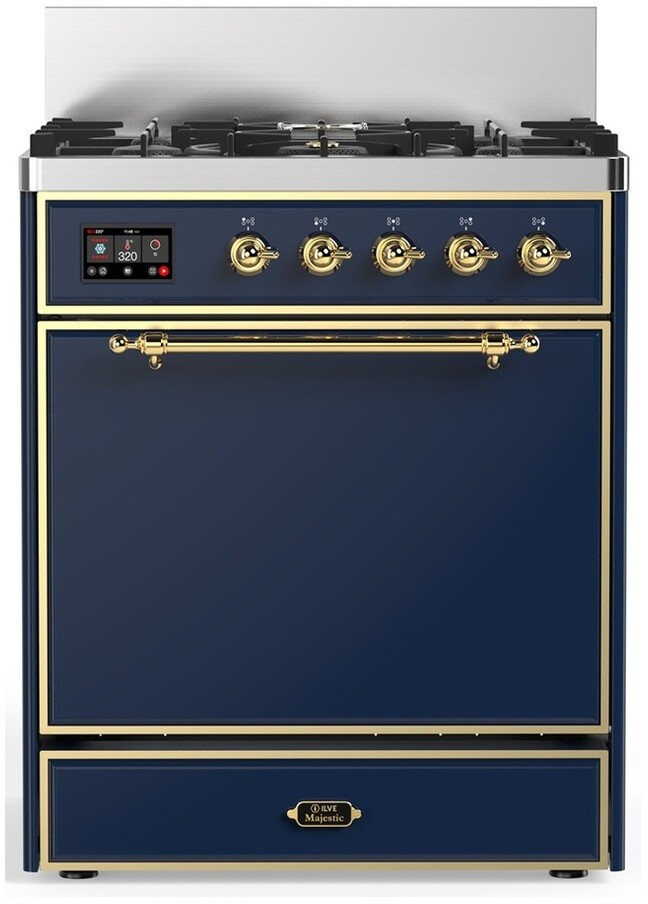 ILVE UM30QNR3MBGLP Majestic III 30 inch Dual Fuel Range with 5 Black Brass Burners, Dual Function Burner up to 25,000 BTU (Liquid Propane, Solid Door, Midnight Blue, Brass)